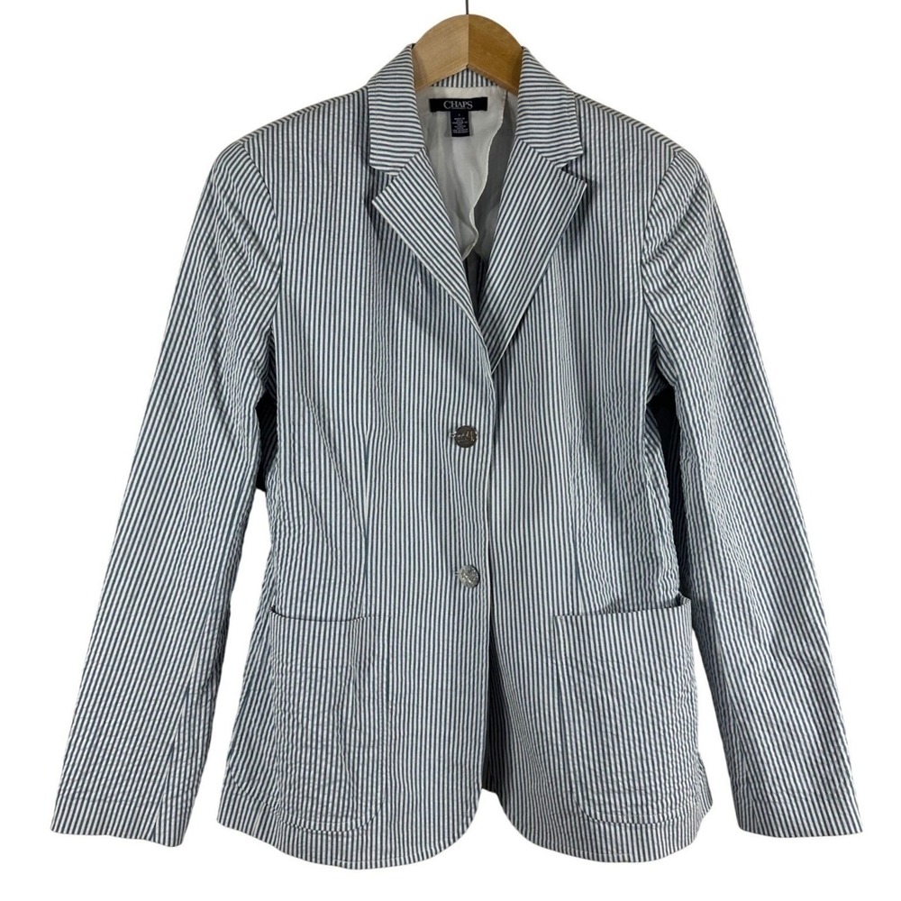 Chaps Womens Blue White Cotton Stripe Two Button Blazer Jacket Size 6 NWOT